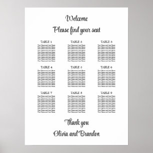 Affiche de plan de table de mariage élégant à 9 ta