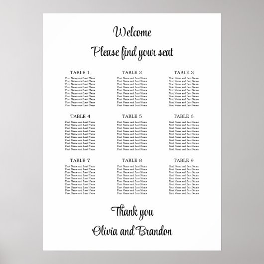 Affiche de plan de table de mariage élégant à 9 ta (Devant)