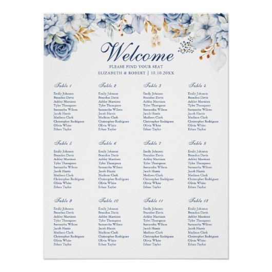 Affiche de plan de table de mariage floral bleu et (Devant)