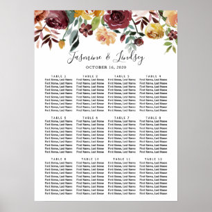 Affiche de plan de table de mariage floral bordeau