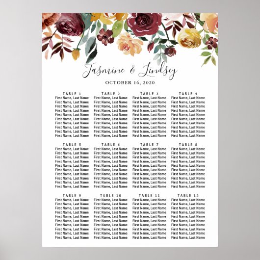 Affiche de plan de table de mariage floral bordeau (Devant)