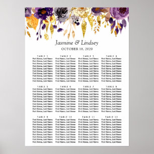 Affiche de plan de table de mariage floral or viol