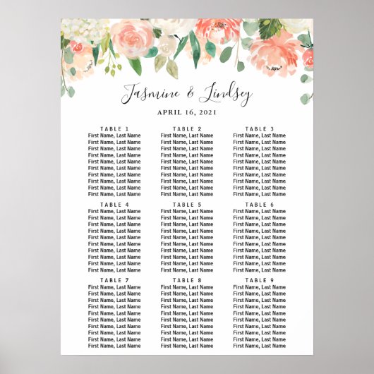 Affiche de plan de table de mariage floral pêche c (Devant)