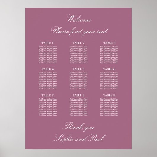 Affiche de plan de table de mariage Mauve 9 (Devant)