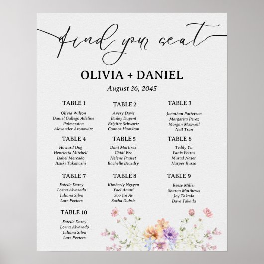 Affiche de plan de table de mariage minimal simple (Devant)