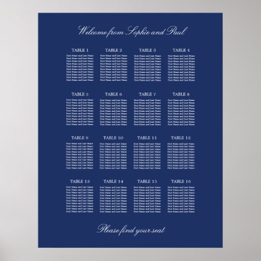 Affiche de plan de table de mariage Navy Blue 16 (Devant)