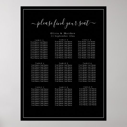 Affiche de plan de table de mariage noir minimalis (Devant)