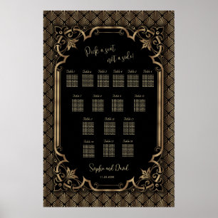 Affiche de plan de table de mariage noir or glamou