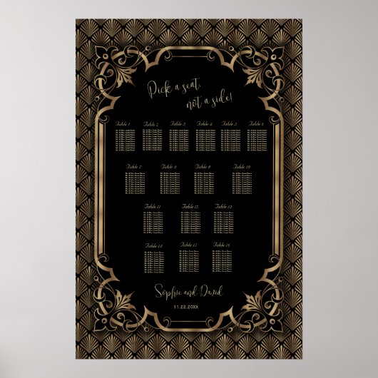 Affiche de plan de table de mariage noir or glamou (Devant)
