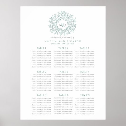Affiche de plan de table de mariage rond avec feui (Devant)
