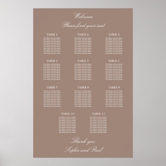 Affiche de plan de table de mariage Taupe 11 Table (Devant)