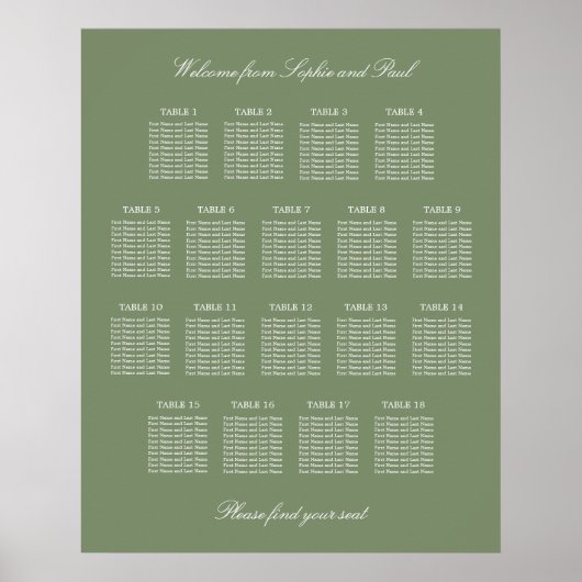 Affiche de plan de table de mariage vert sauge 18 (Devant)