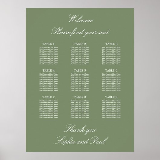 Affiche de plan de table de mariage vert sauge 9 (Devant)