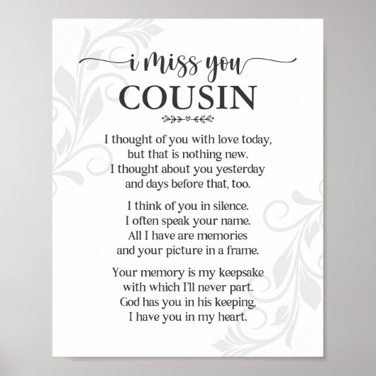 Affiche de poème pour cousine « Tu me manques » (Devant)