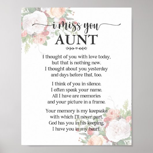 Affiche de poème pour tante Tu me manques (Devant)