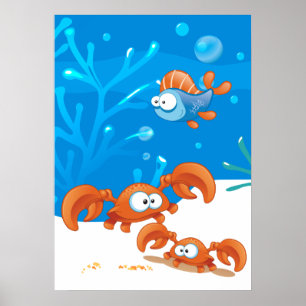 Affiche de poisson drôle de crabe mignon aquatique