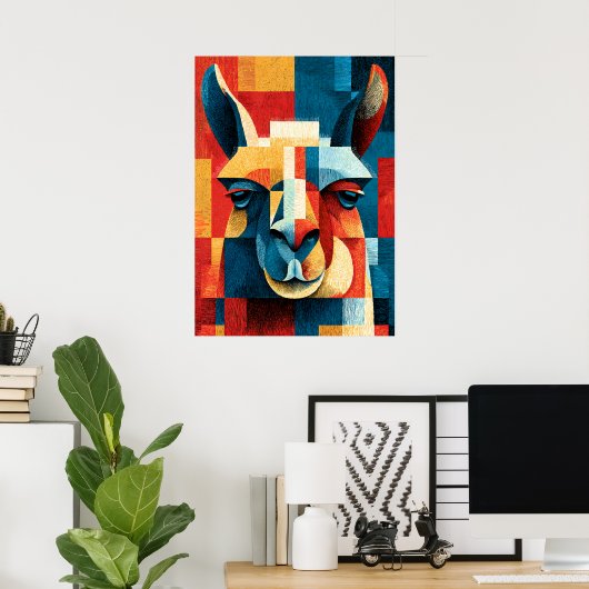 Affiche de portrait de lama - Gravure sur bois géo (Bureau à domicile)
