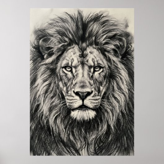 Affiche de portrait de lion au fusain (Devant)