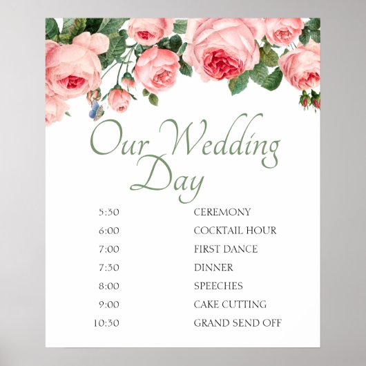 Affiche de programme de mariage floral rose rose g (Devant)