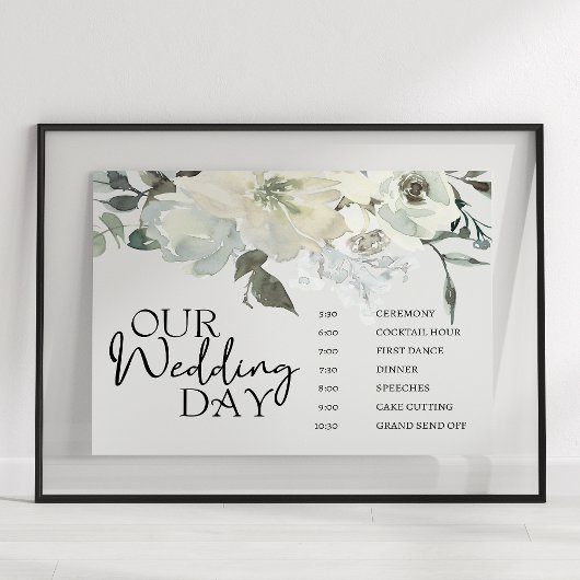 Affiche de programme de mariage floral Roses blanc