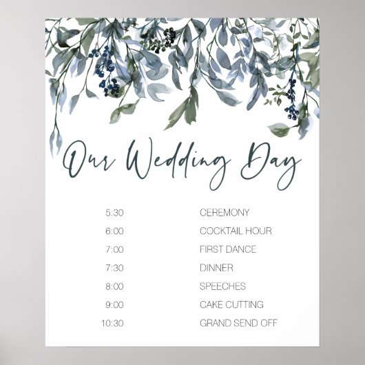 Affiche de programme de mariage floral vert argent (Devant)