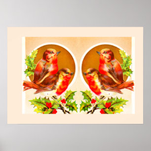 Affiche de quatre rouges-gorges de Noël