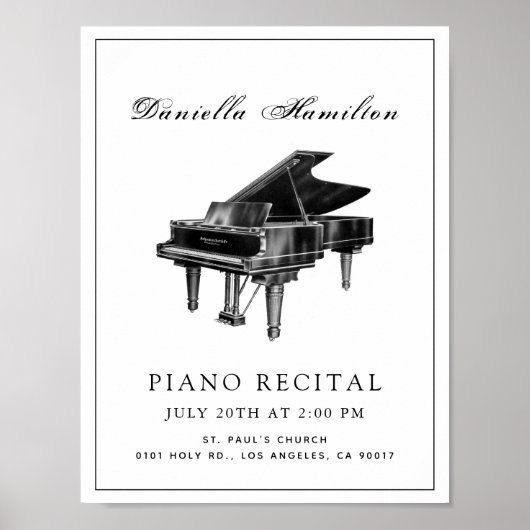 Affiche de récital de piano simple classique blanc (Devant)