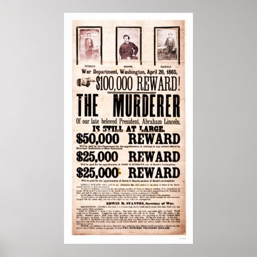 Affiche de récompense pour l'assassinat de Lincoln (Devant)