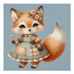Affiche de renard pastel florale Cottagecore fanta