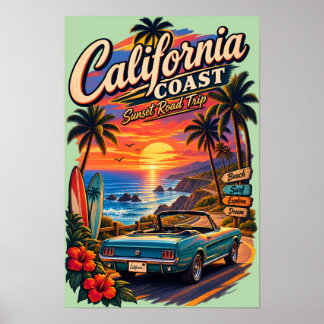 Affiche de road trip sur la côte californienne au