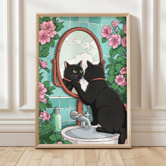 Affiche de salle de bain Chat noir dans un miroir,