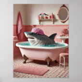 Affiche de salle de bain rose avec un requin drôle (Devant)