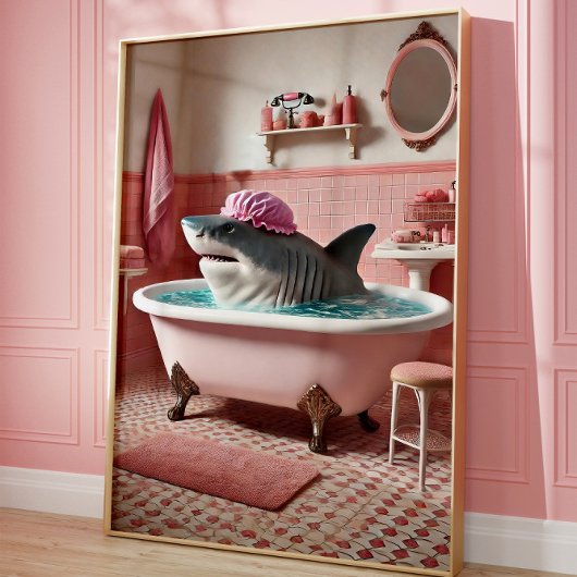 Affiche de salle de bain rose avec un requin drôle