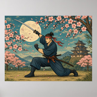 Affiche de samouraï japonais pleine lune cerisier