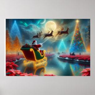 Affiche de Santa et ses rennes volant dans le ciel
