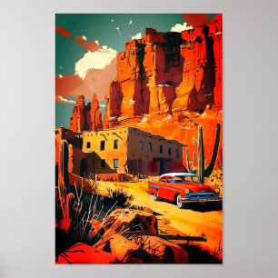 Affiche de scène désertique avec voiture vintage