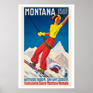 Affiche de ski vintage Montana Valais Suisse