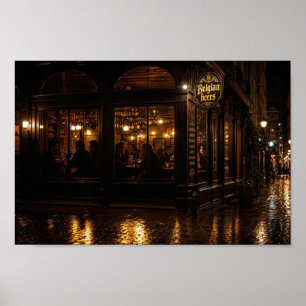 Affiche de soirée de l'auberge belge éclairée par