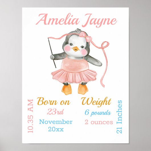 Affiche de Statistiques Bébé Fille Rose Ballerine (Devant)