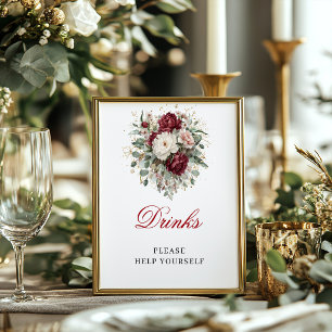 Affiche de table de boissons Burgundy Blush Glam