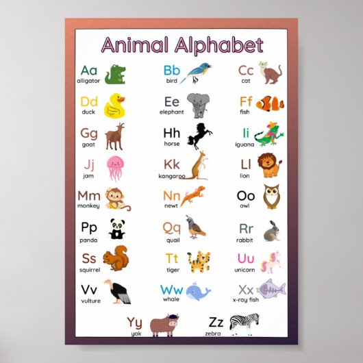 Affiche de tableau mural alphabet animaux pour enf (Devant)