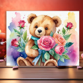 Affiche de Teddy Bear à l'aquarelle avec des roses