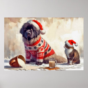 Affiche de Terre-Neuve avec chat et eggnog renvers