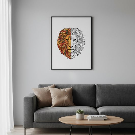 Affiche de tête de lion moderne moitié couleur moi