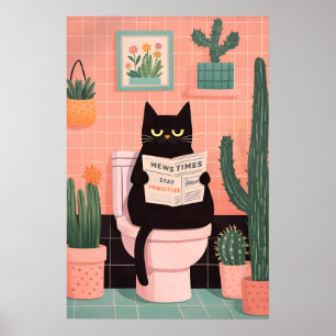 Affiche de toilette chat noir, mur de salle de bai