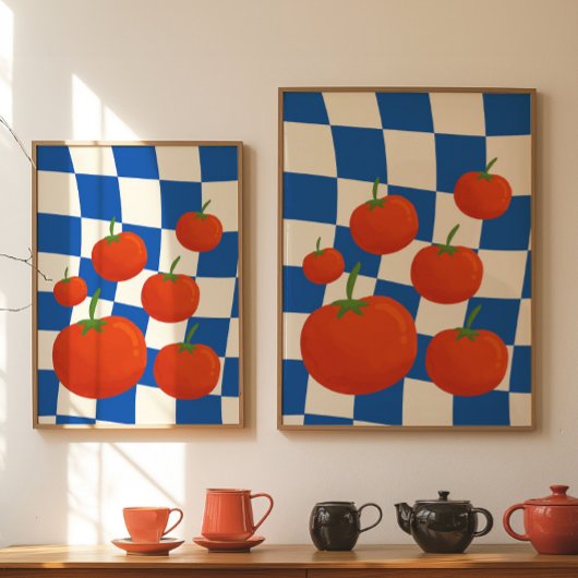 Affiche de tomate à damier bleu