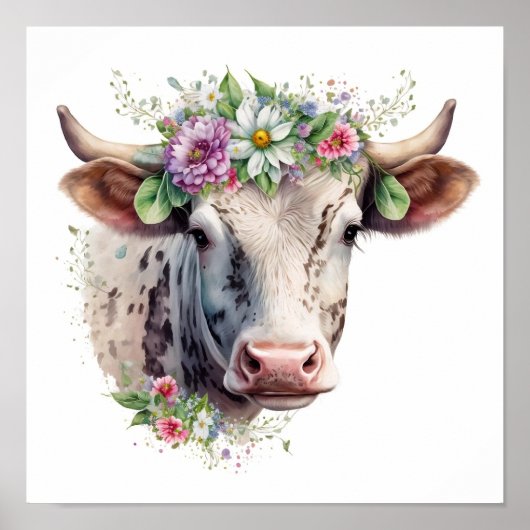 Affiche de vache à fleurs d'aquarelle (Devant)