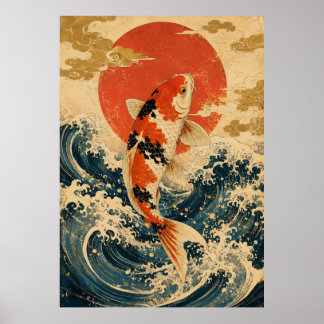 Affiche de vague de carpe koï japonaise | Soleil r