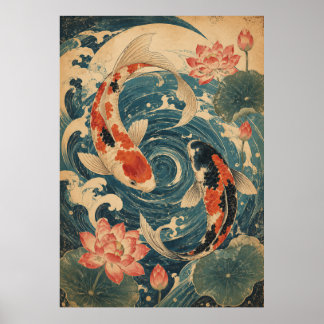 Affiche de vague de carpe koï japonaise | Soleil r