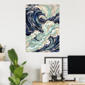 Affiche de vague japonaise bleue (Bureau à domicile)